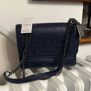 Coach Navy Blue Leather Crossbody Bag Sig riv  klare NWT